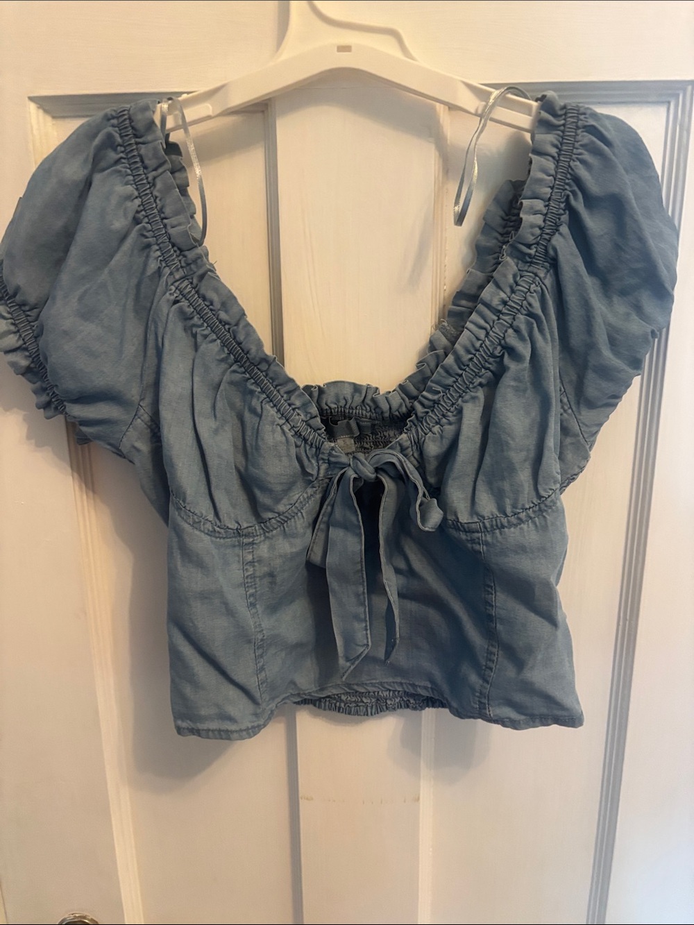 Love Tree Dusty Blue Puff-Sleeve Tie-Front Crop Top